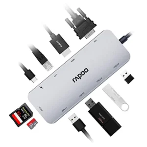 Rapoo XD200 10-in-1 USB C Hub Adapter, with 4K HDMI, 1080P VGA, SD/TF Card Reader, 4 USB 3.0 Ports, Type C Charging, RJ-45 Port